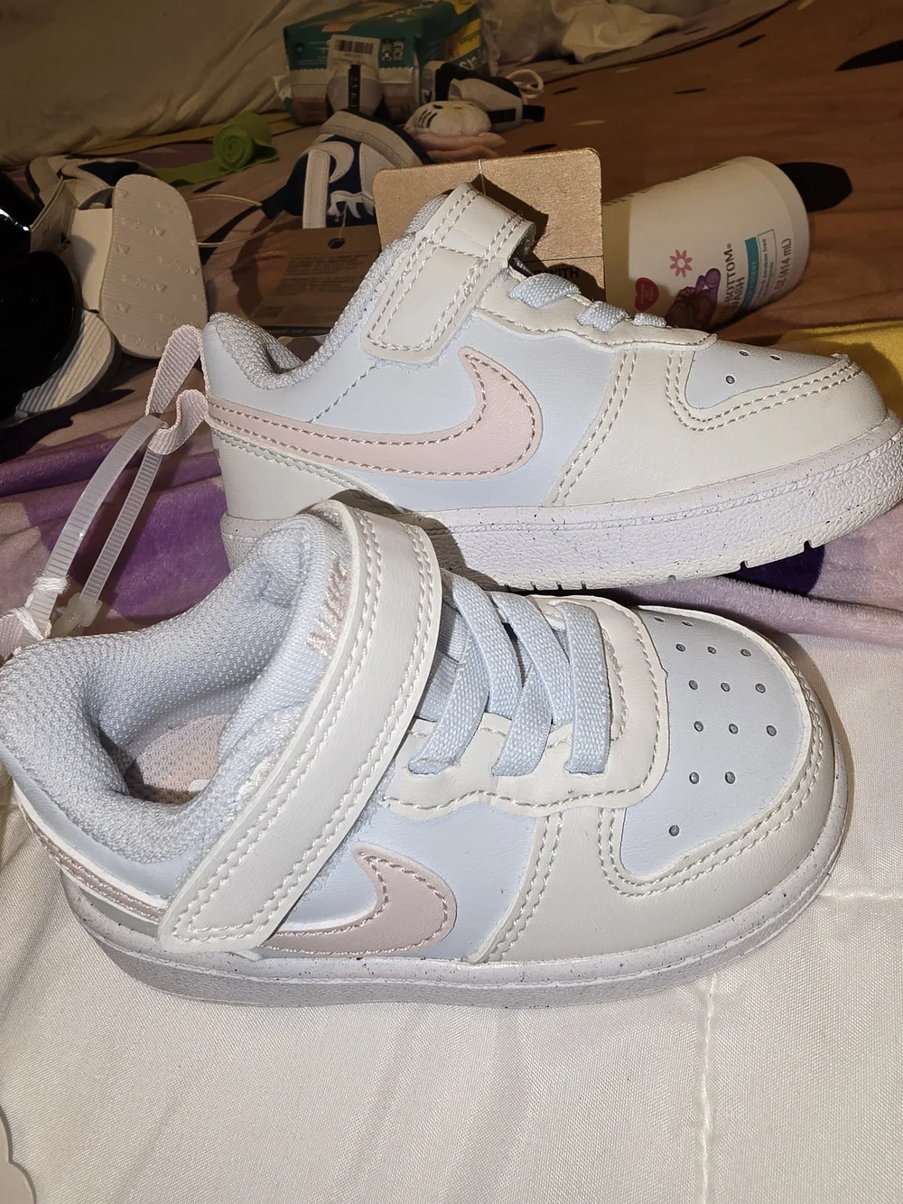 Nike Toddler White Sneakers with Pale Pink Swoosh